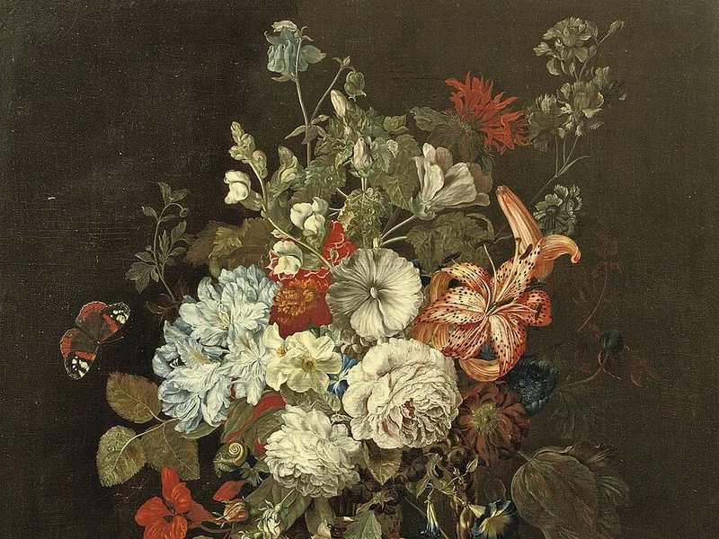 1801-Maria Geertruida Barbiers - Natura morta con fiori, nido d'uccello e farfalle, 1817